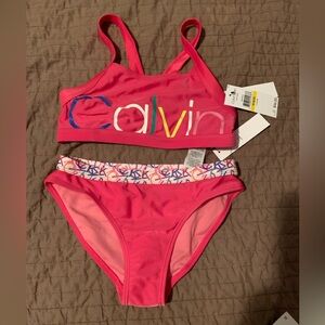 Calvin Klein Pink Bikini Set with Logo and Patterned Waistband